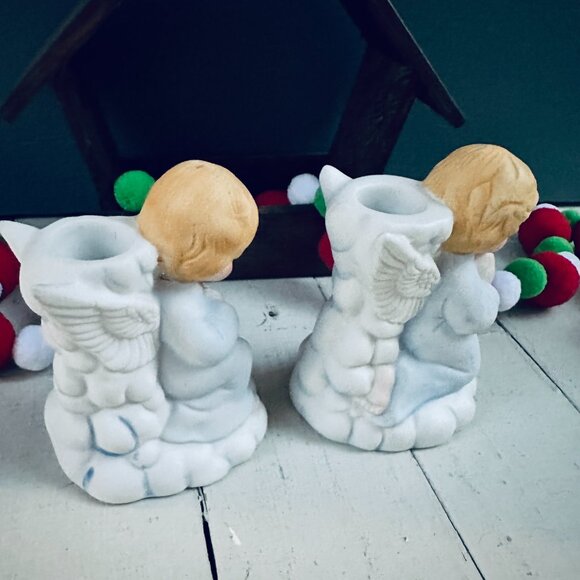 Vintage Praying Angels Candleholders Ceramic Angel Christmas Decor Blue White - Picture 5 of 8